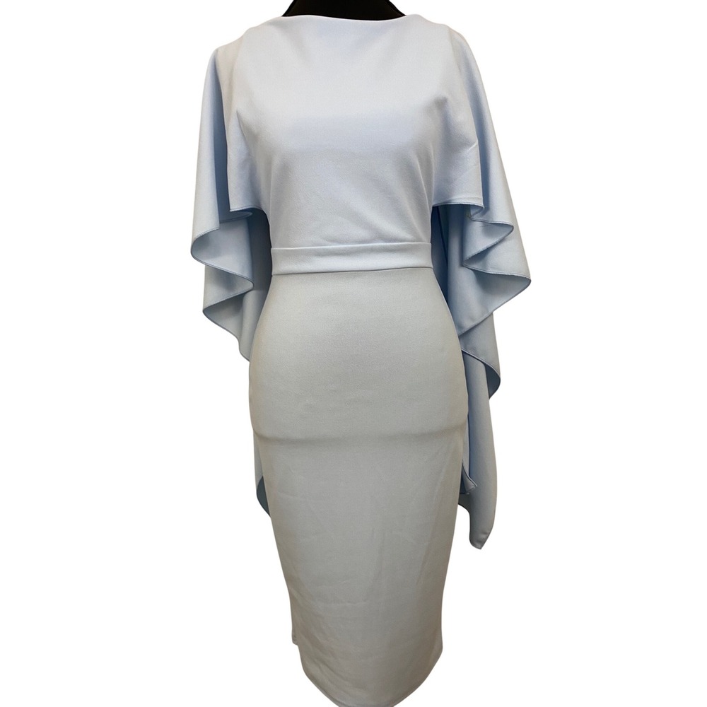 Goddiva Cape Midi Dress Womens Size 4 Light Blue Open Back Formal Wedding Guest